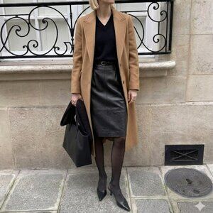 Vintage 100% Leather Black Pencil Skirt Midi Classic Edgy Small